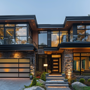 Modern Exterior Design featuring natural stone and dark metal accents by Fadi Studio