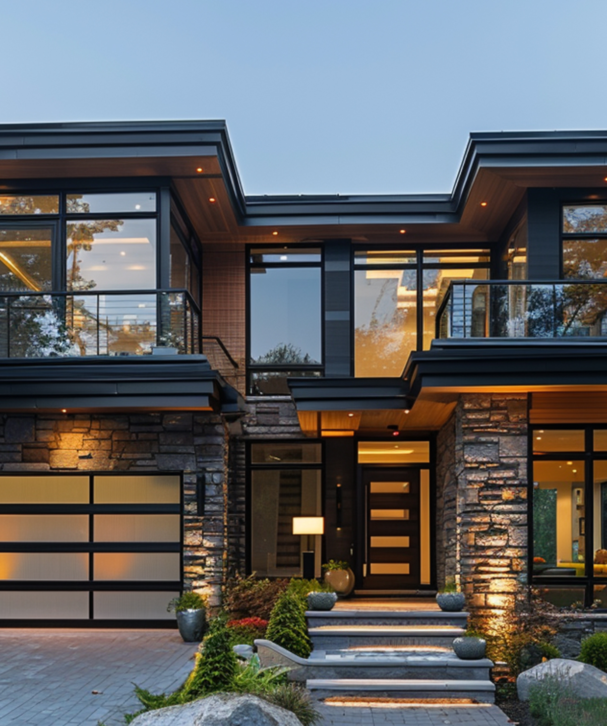 Modern Exterior Design featuring natural stone and dark metal accents by Fadi Studio