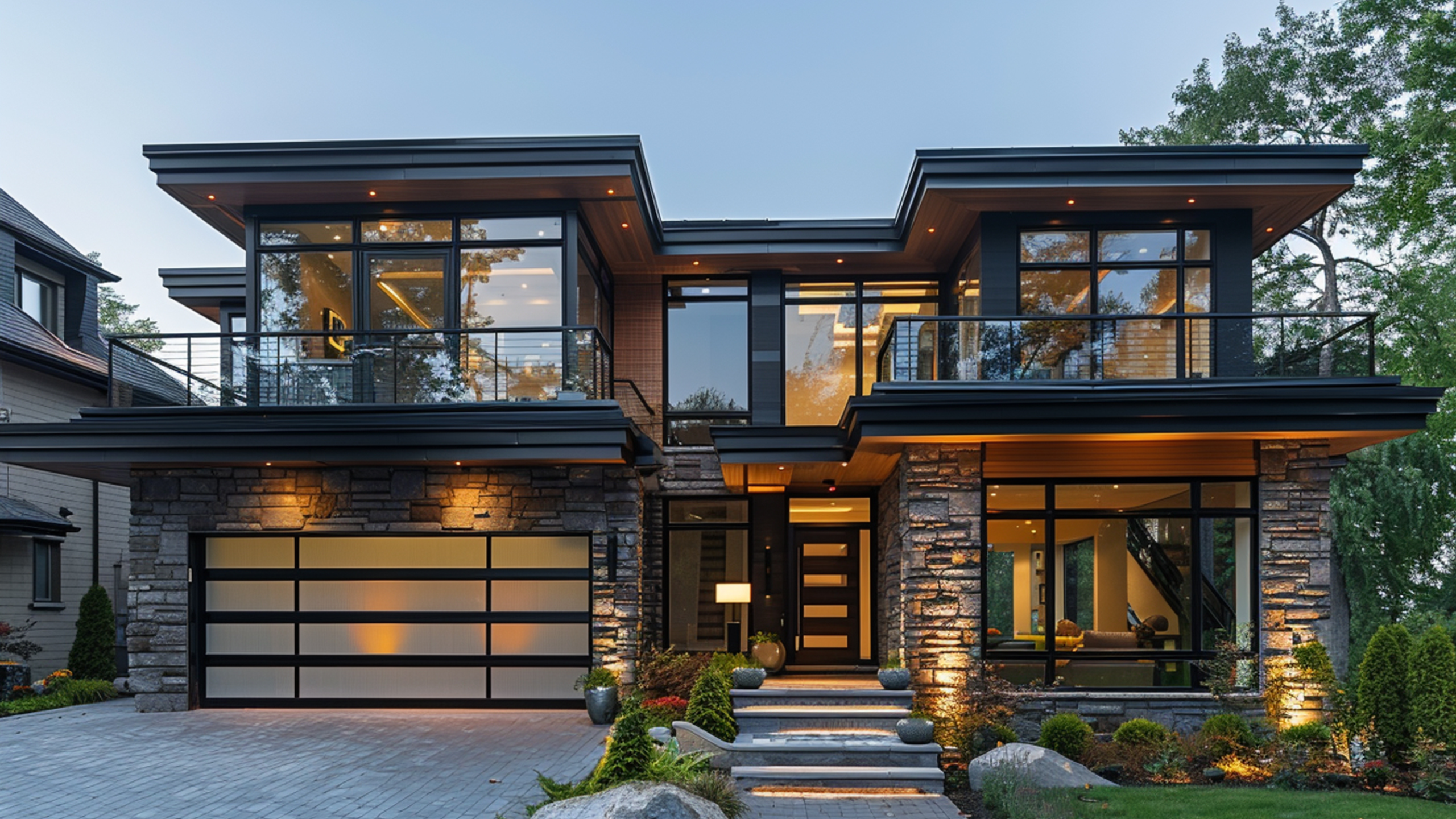 Modern Exterior Design featuring natural stone and dark metal accents by Fadi Studio