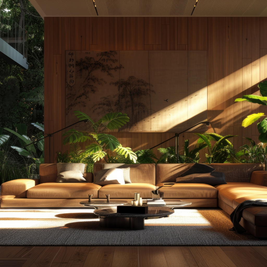 Modern House design luxury lounge with biophilic elements and sunlight by Fadi Studio