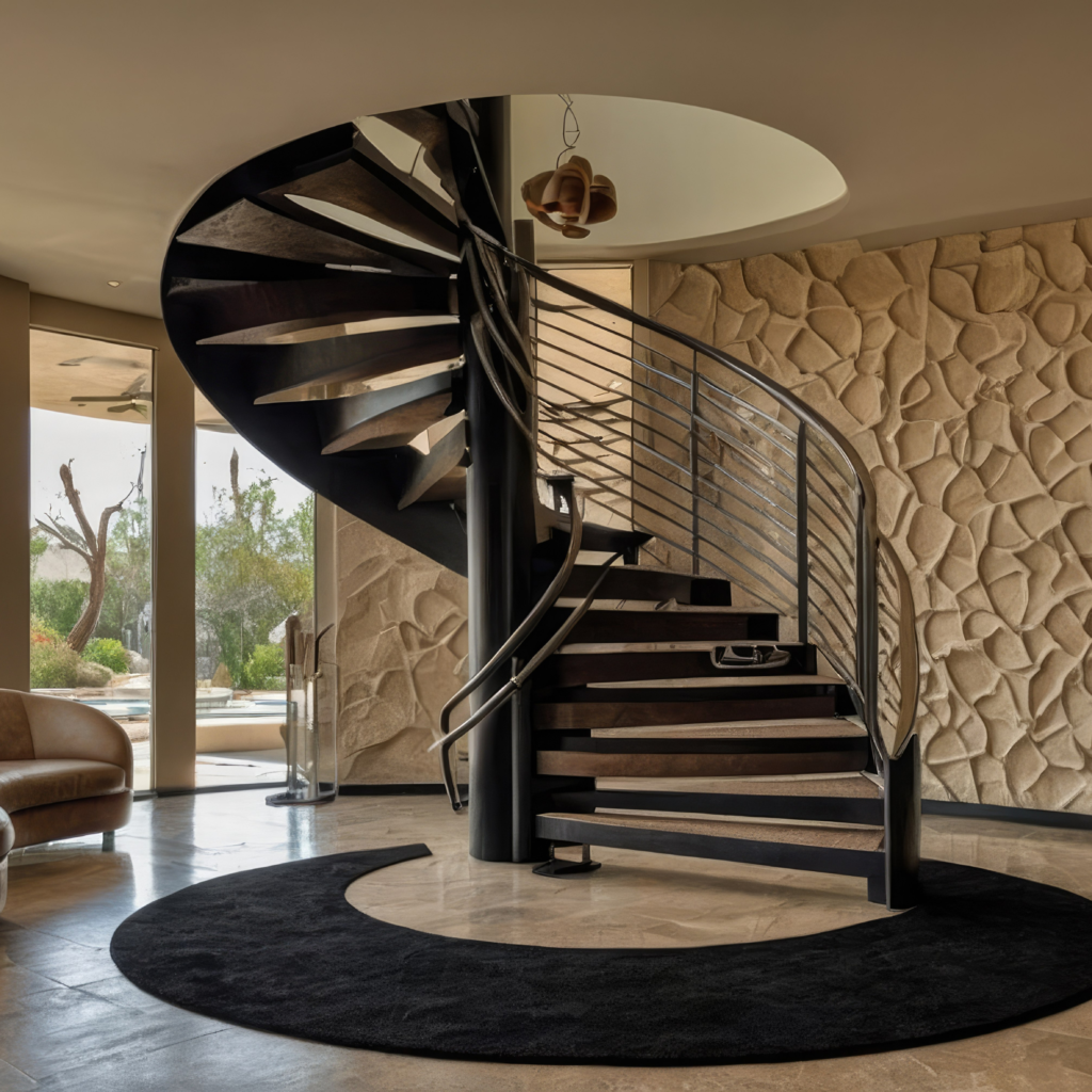 3D Rendering Interior of a luxury living room with a modern curved staircase
