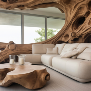 3D Rendering Interior of a modern lounge featuring biophilic wooden wall panels