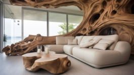 3D Rendering Interior of a modern lounge featuring biophilic wooden wall panels