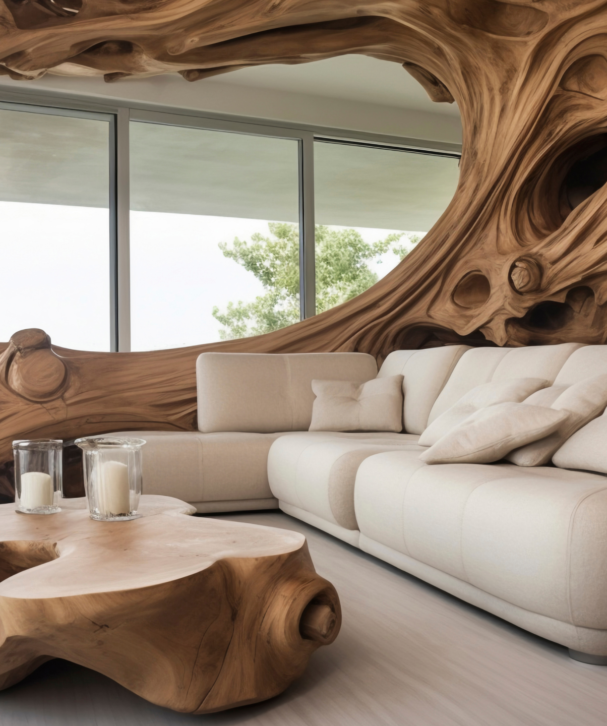 3D Rendering Interior of a modern lounge featuring biophilic wooden wall panels