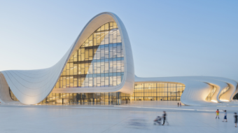 3D Parametric Design of futuristic fluid architecture with glass facade