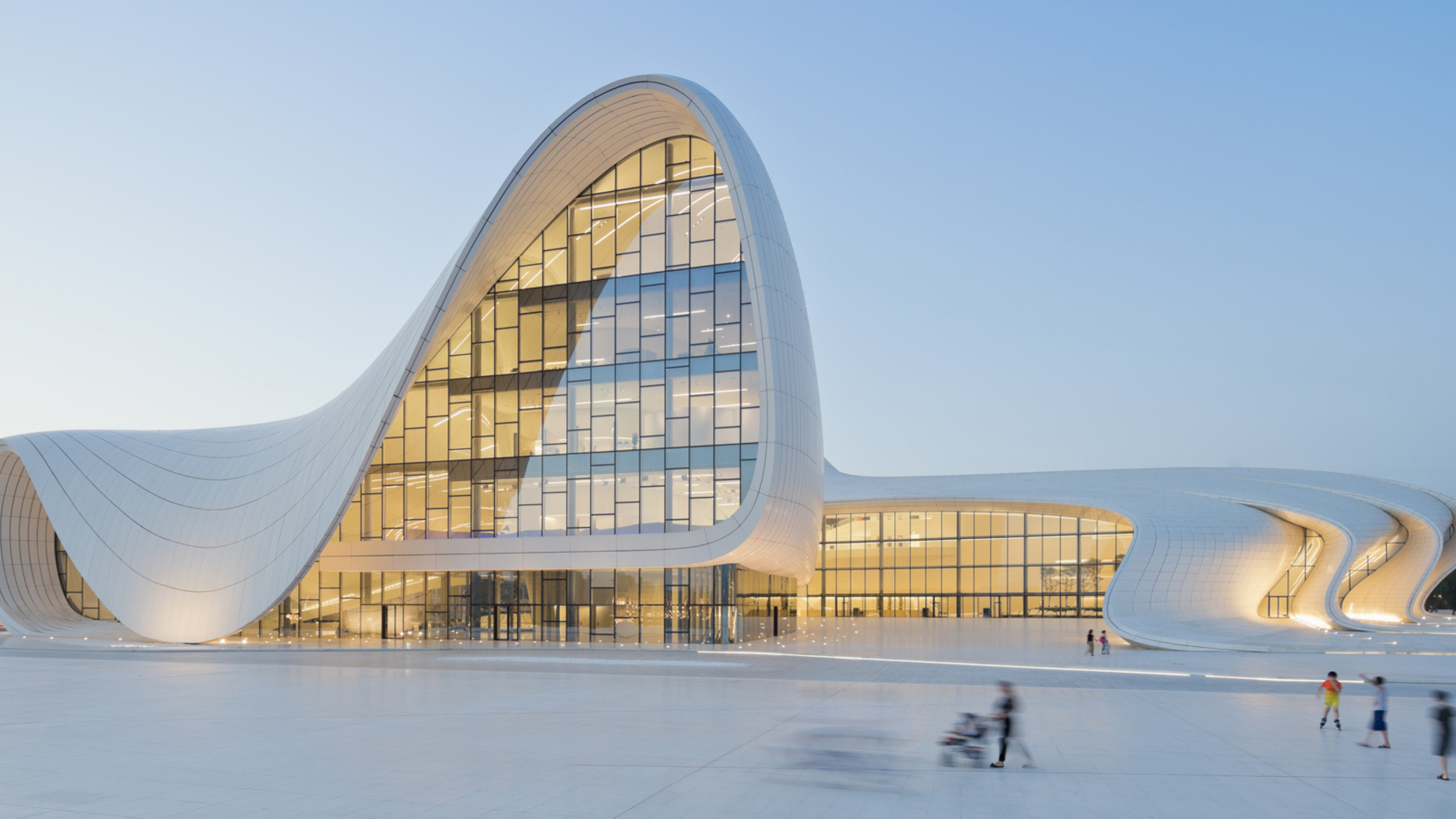 3D Parametric Design of futuristic fluid architecture with glass facade