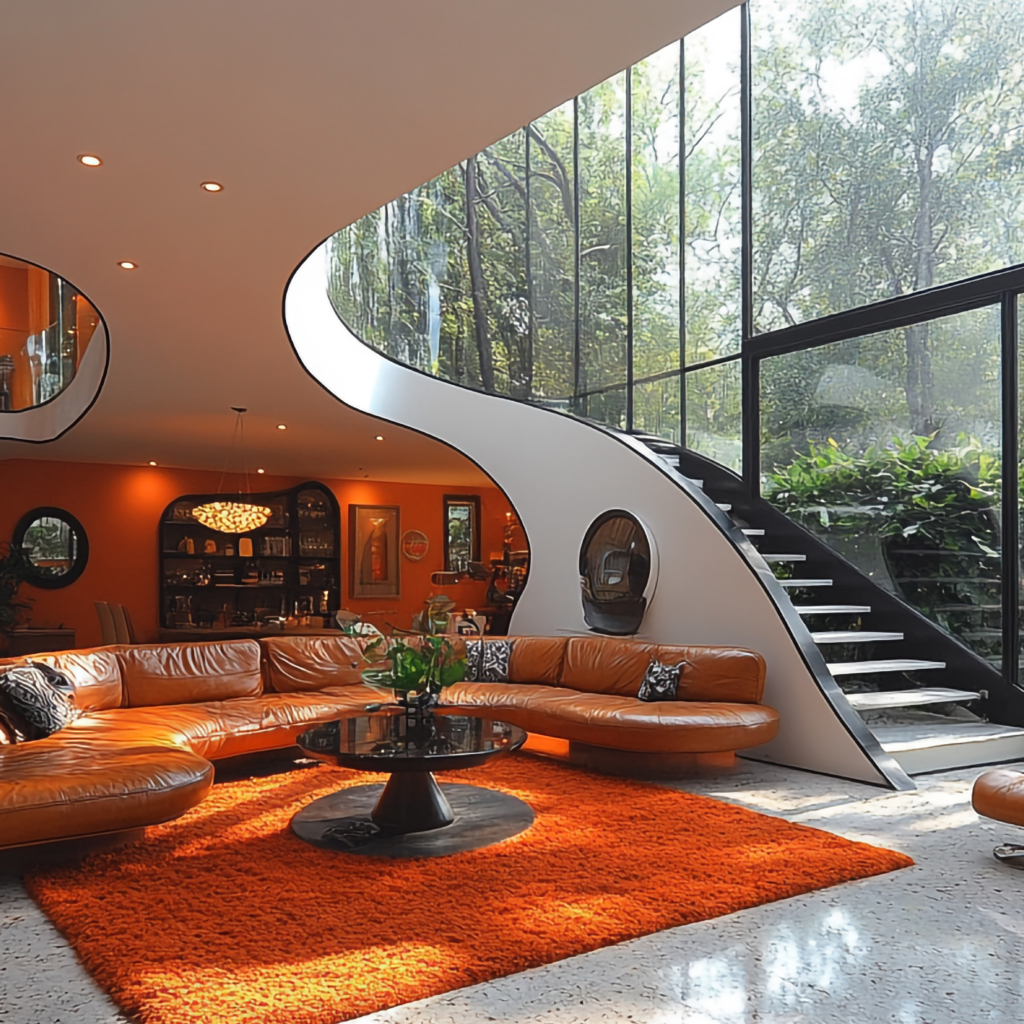 Modern House design luxury living room with curved staircase and floor-to-ceiling glass