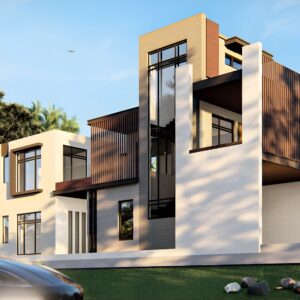 Modern residential architecture featuring a multi-story cubist design with vertical wooden slats, expansive glass windows, and a neutral stucco finish.
