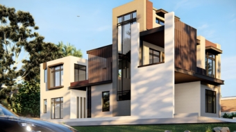 Modern residential architecture featuring a multi-story cubist design with vertical wooden slats, expansive glass windows, and a neutral stucco finish.