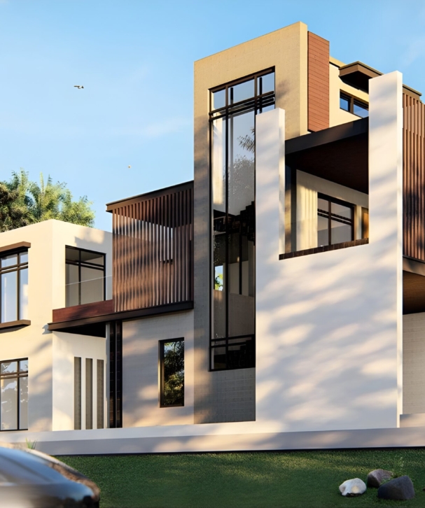 Modern residential architecture featuring a multi-story cubist design with vertical wooden slats, expansive glass windows, and a neutral stucco finish.